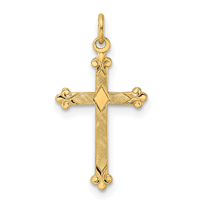 14k Polished and Textured Solid Diamond Shape Cross Pendant-XR1948