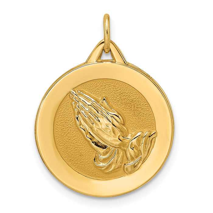 14k Polished and Satin Solid Praying Hands Disc Pendant-XR1949