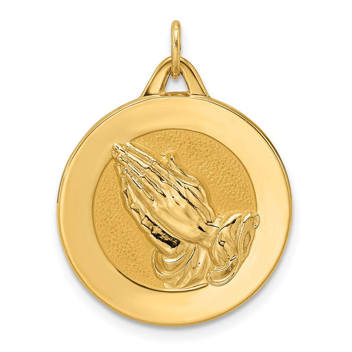 14k Polished and Satin Solid Praying Hands Disc Pendant-XR1951