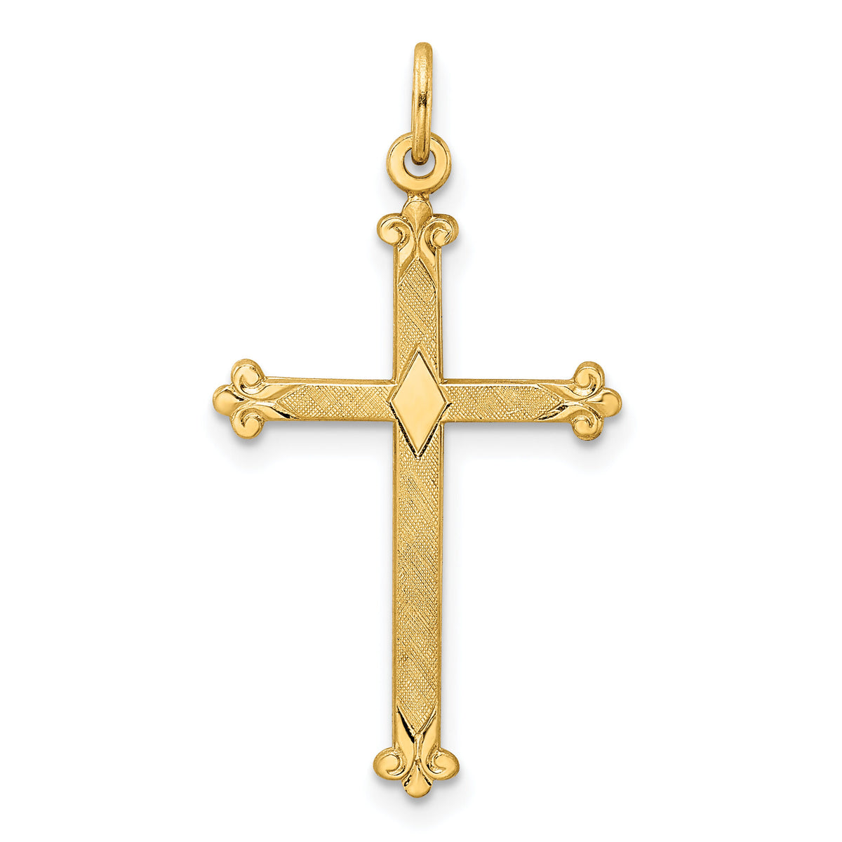 14k Polished and Textured Solid Diamond Shape Cross Pendant-XR1952