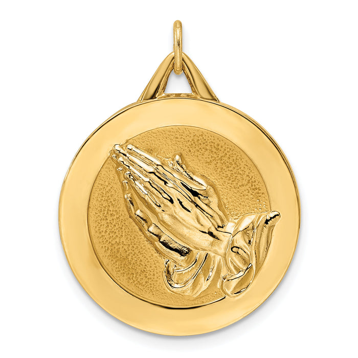 14k Polished and Satin Solid Praying Hands Disc Pendant-XR1953