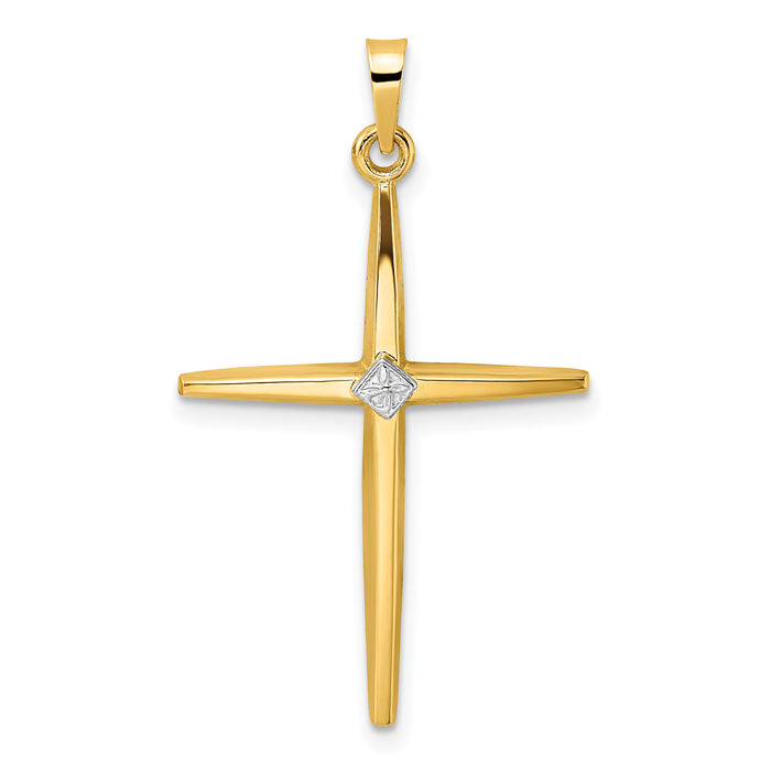 14k Two-tone Polished Solid Diamond Shape Center Cross Pendant-XR1966