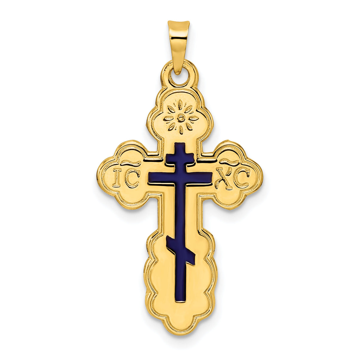 14k Polished Eastern Orthodox Blue Enamel Solid Cross Pendant-XR2016