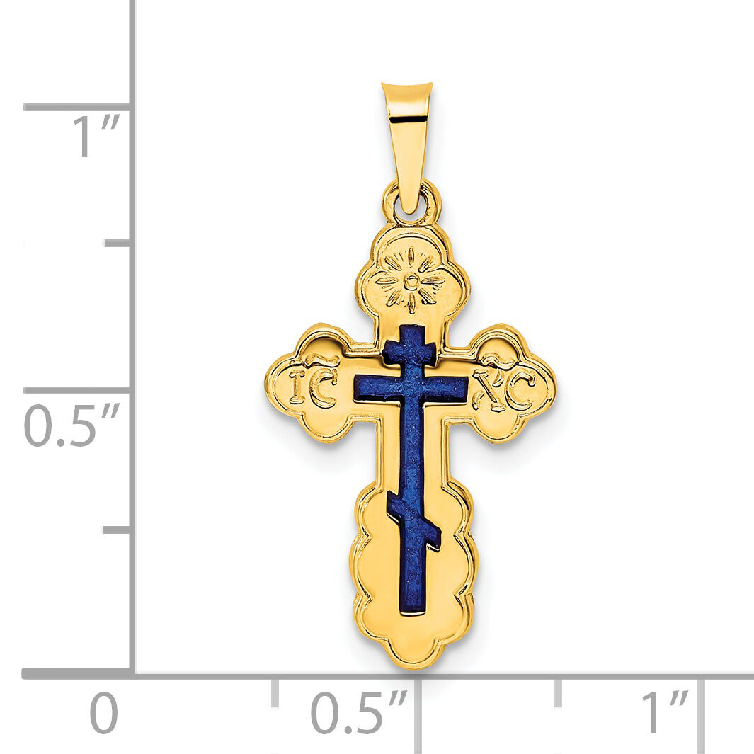 14k Polished Eastern Orthodox Blue Enamel Solid Cross Pendant-XR2022