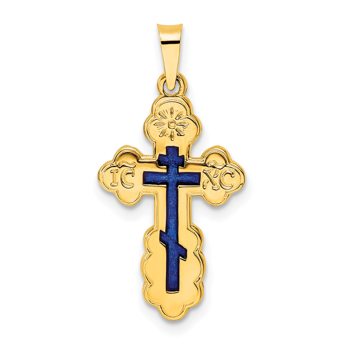 14k Polished Eastern Orthodox Blue Enamel Solid Cross Pendant-XR2022