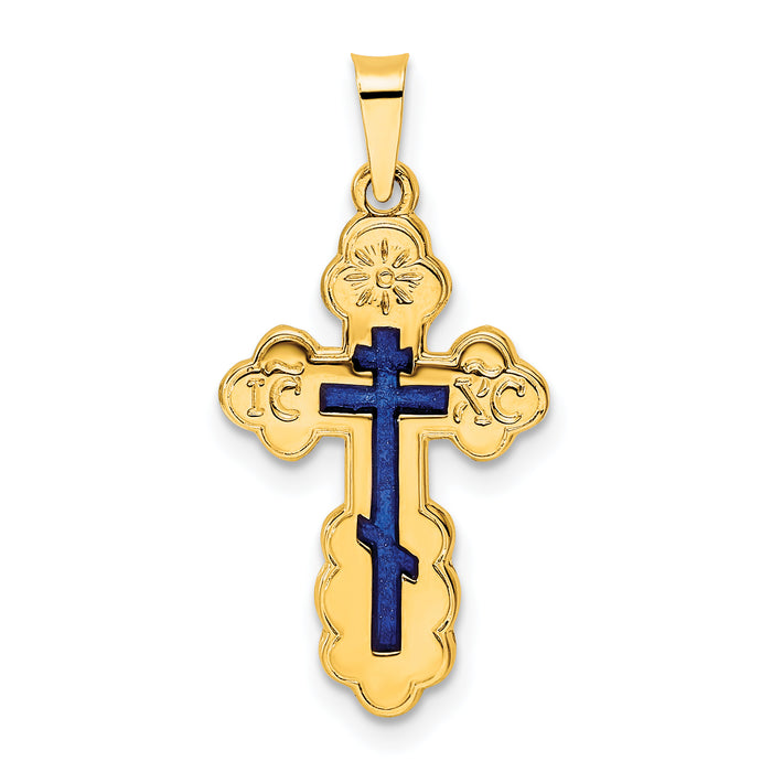 14k Polished Eastern Orthodox Blue Enamel Solid Cross Pendant-XR2022