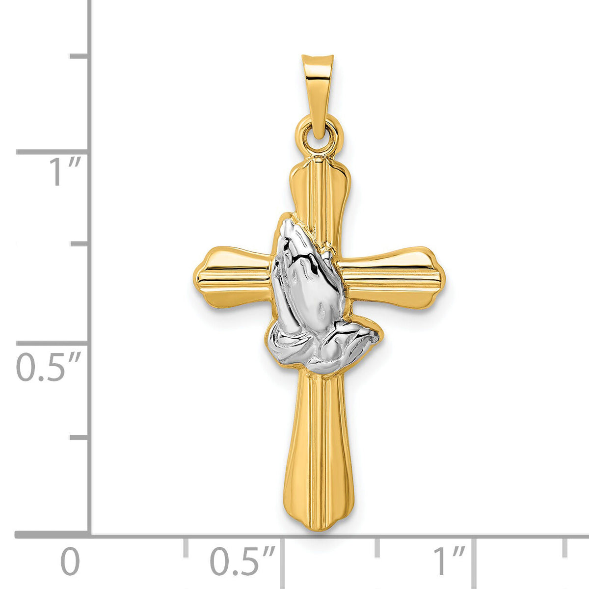 14k w/Rhodium Polished Hollow Praying Hands Cross Pendant-XR2026