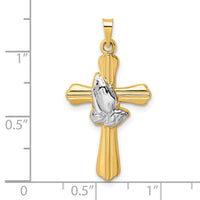 14k w/Rhodium Polished Hollow Praying Hands Cross Pendant-XR2026