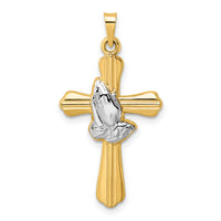 14k w/Rhodium Polished Hollow Praying Hands Cross Pendant-XR2026