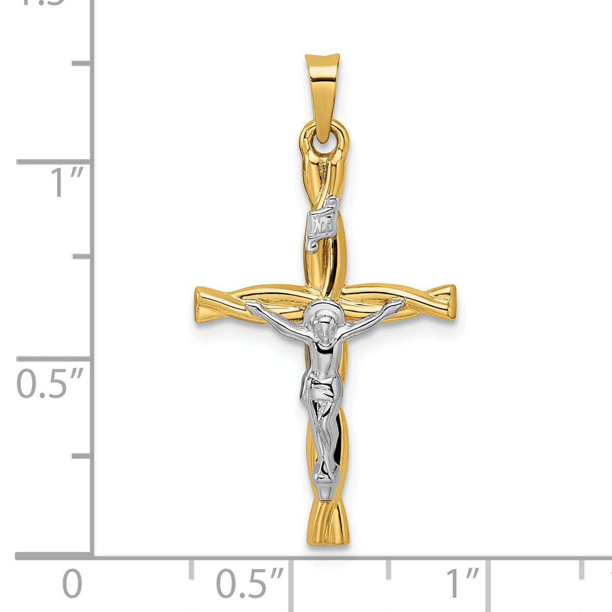 14k Two-tone Polished Hollow INRI Crucifix Twisted Cross Pendant-XR2032