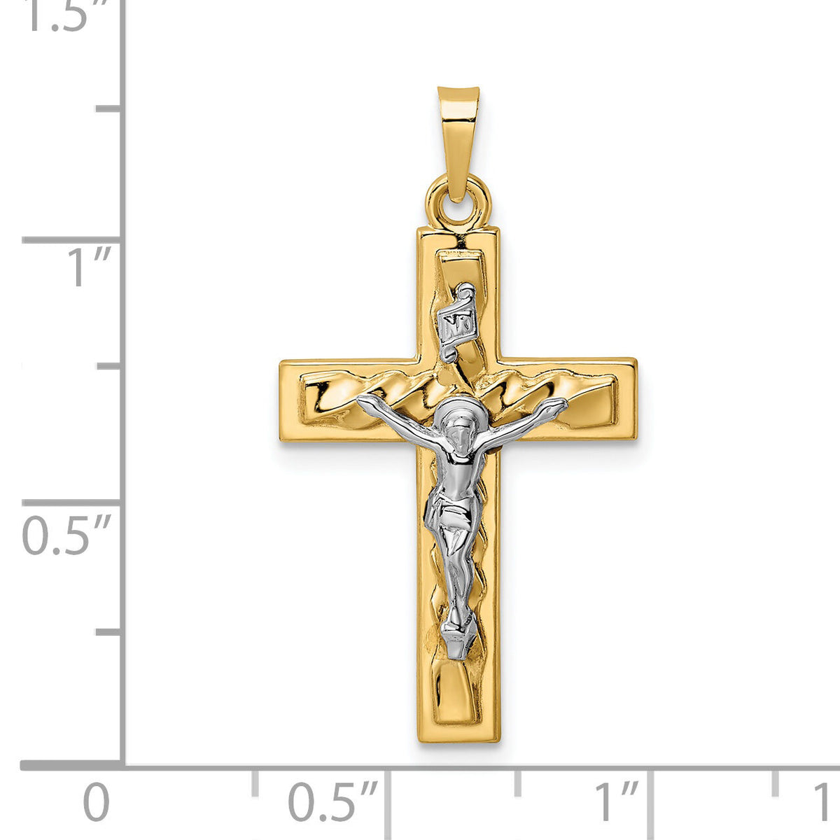 14k Two-tone Polished and Twisted Hollow INRI Crucifix Pendant-XR2036