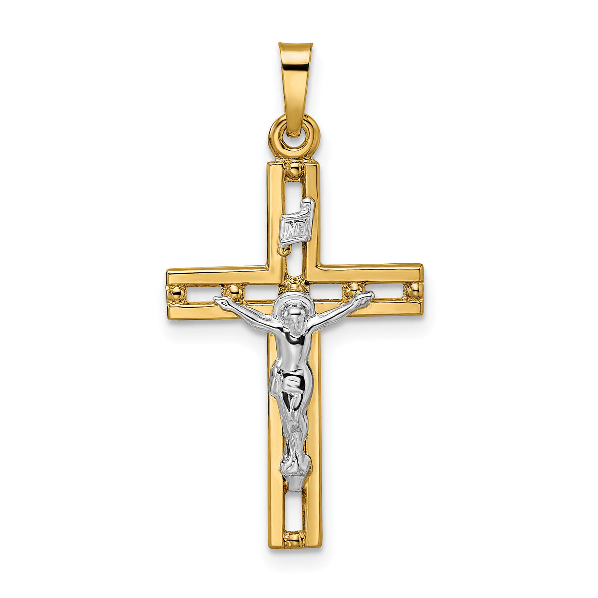 14k Two-tone Polished Solid INRI Crucifix Pendant-XR2044