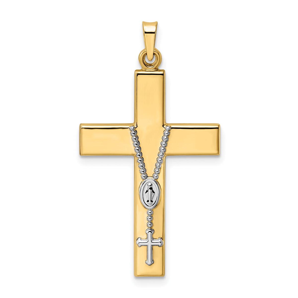 14k Two-tone Polished Hollow Rosary Cross Pendant-XR2055
