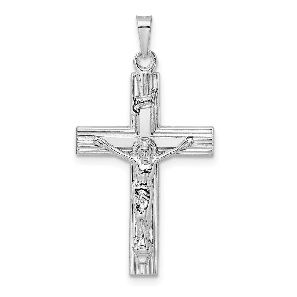 14k White Gold Polished Solid INRI Striped Crucifix Pendant-XR2066