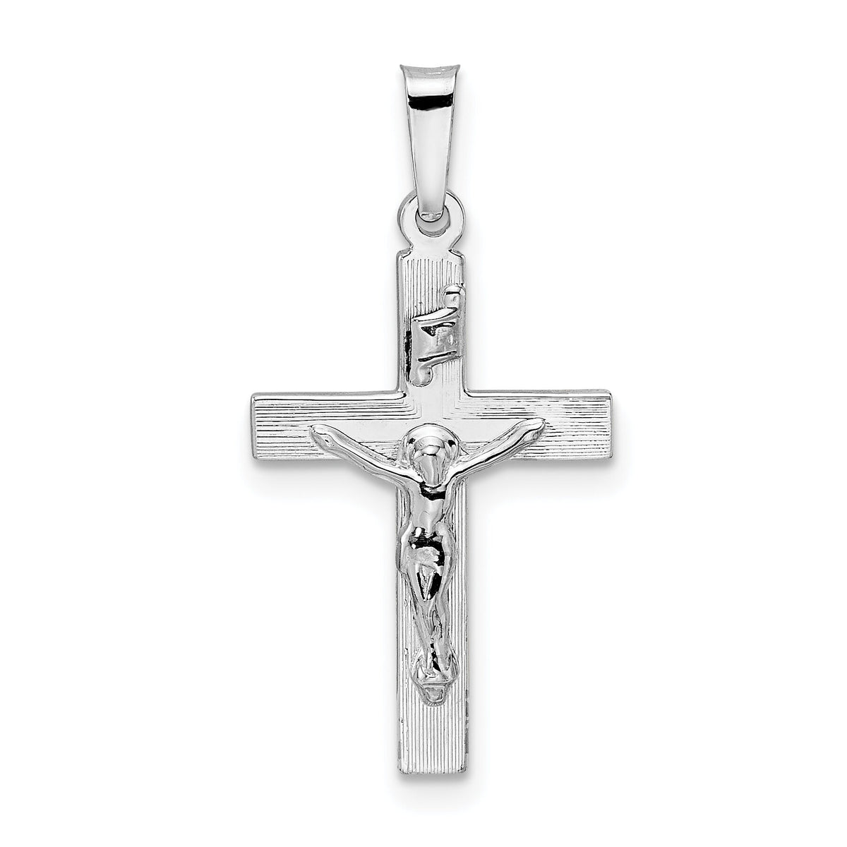 14k White Gold Polished Solid INRI Striped Crucifix Pendant-XR2067