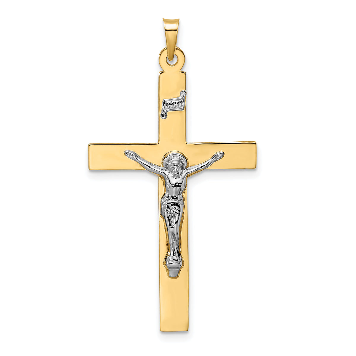 14k Two-tone Polished Solid INRI Crucifix Pendant-XR2071