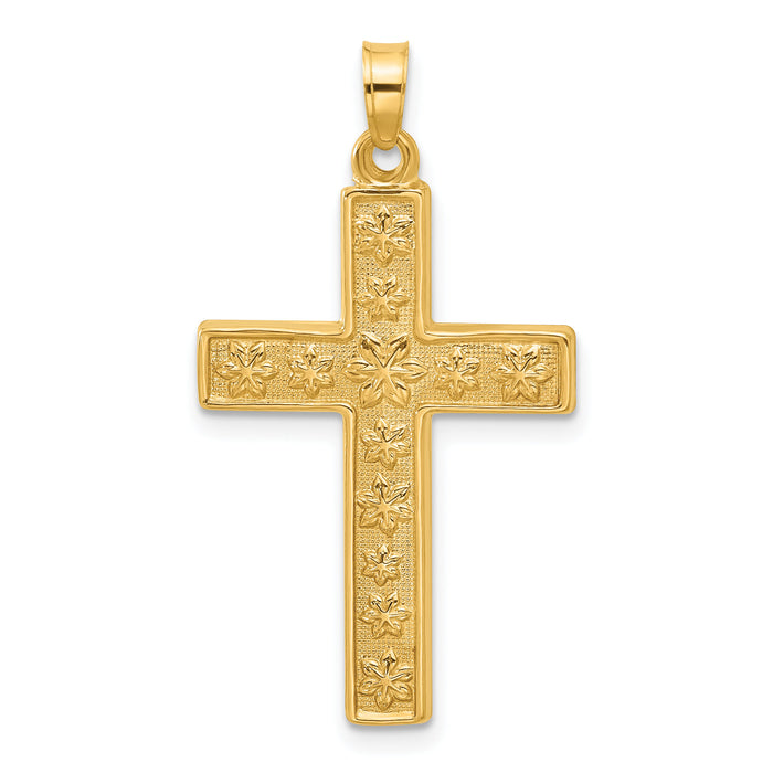 14k Polished and Textured Floral Cross Pendant-XR2078