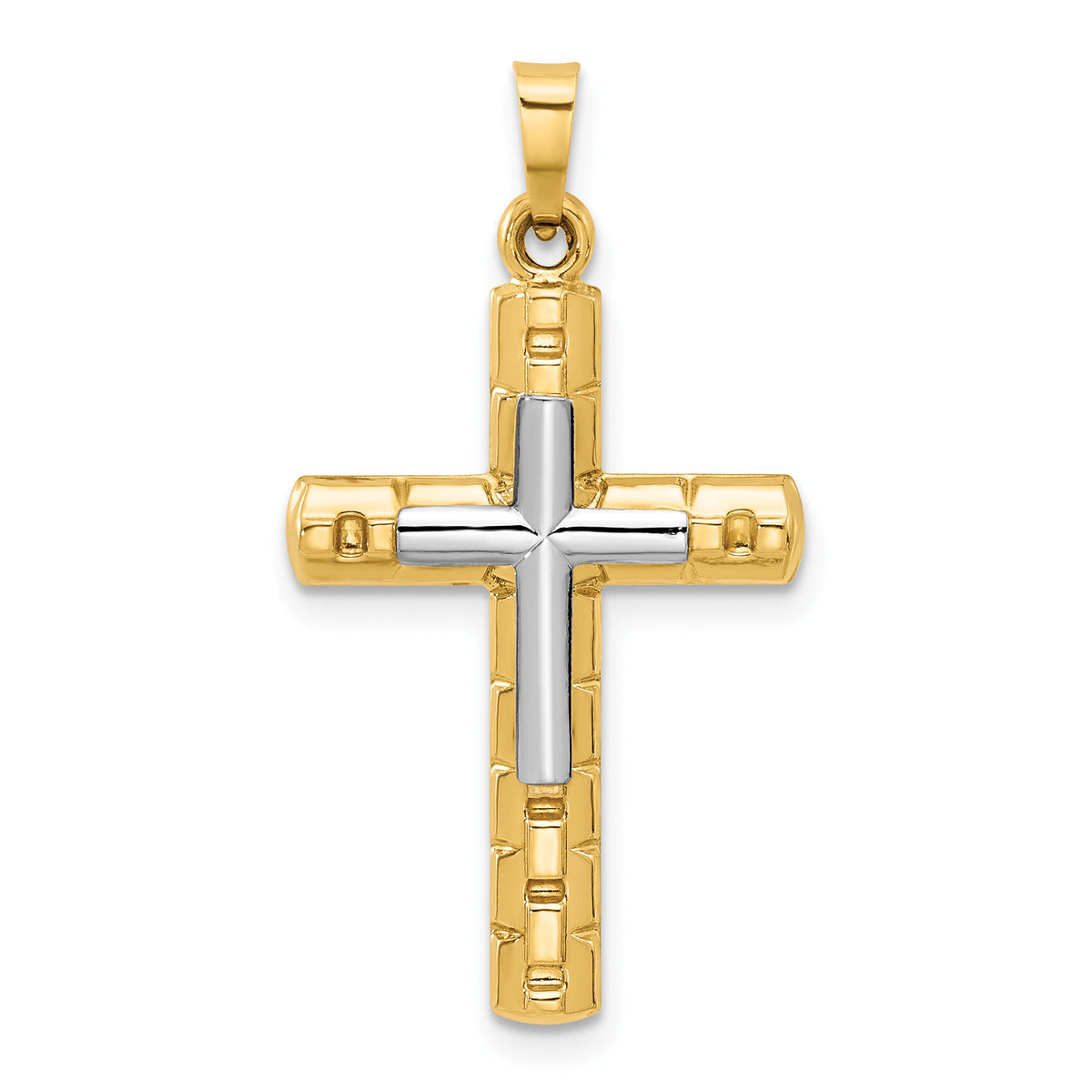 14k Two-Tone Textured and Polished Hollow Latin Cross Pendant-XR2080
