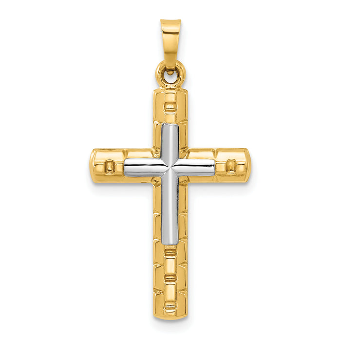 14k Two-Tone Textured and Polished Hollow Latin Cross Pendant-XR2080