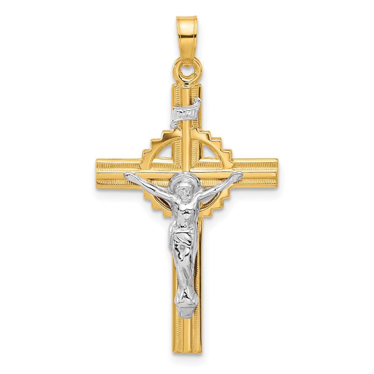 14k Two-Tone Textured Hollow INRI Crucifix Pendent-XR2093