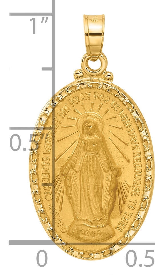 14k Satin and Polished Miraculous Medal Oval Solid Pendant-XR2113