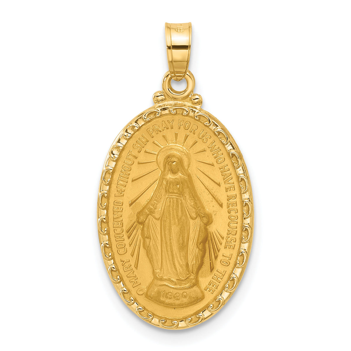 14k Satin and Polished Miraculous Medal Oval Solid Pendant-XR2113