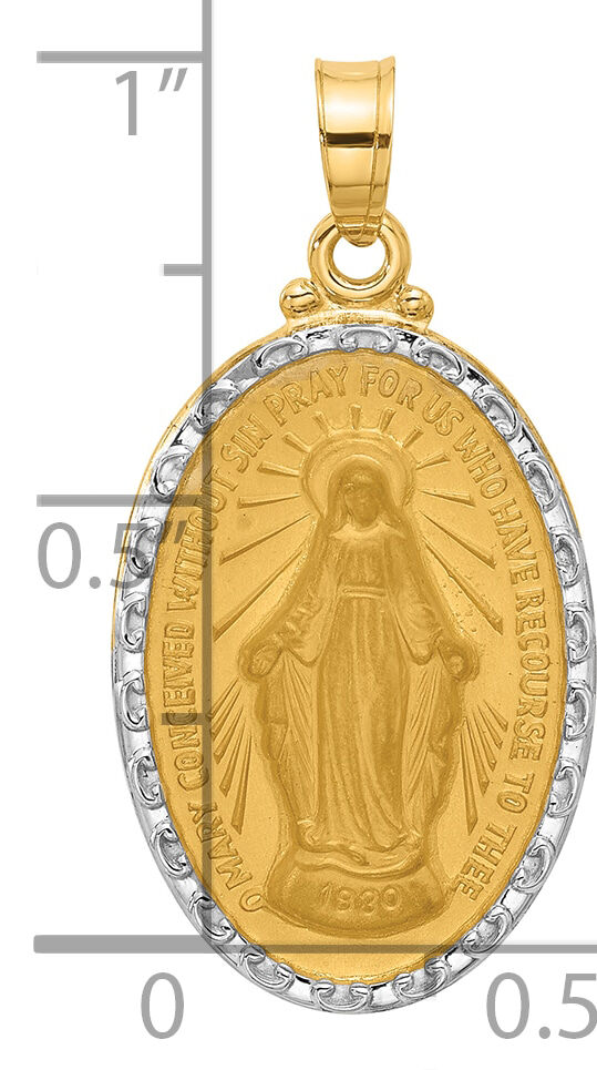 14K with Rhodium Satin and Polished Miraculous Medal Solid Oval Pendant-XR2114