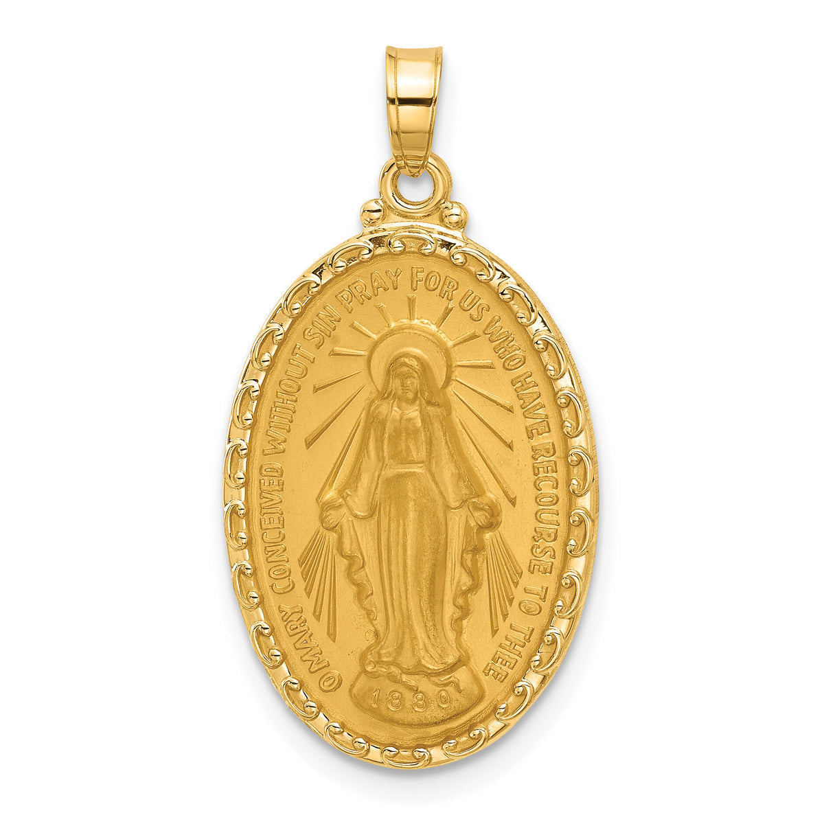 14k Satin and Polished Miraculous Medal Solid Oval Pendant-XR2115
