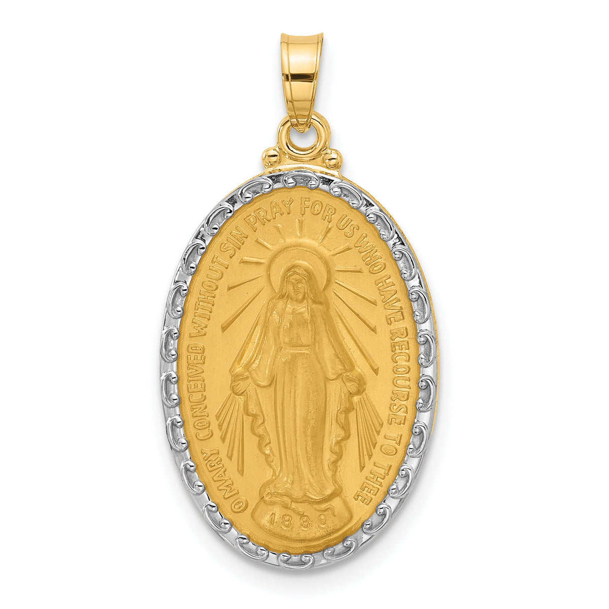 14K with Rhodium Satin and Polished Miraculous Medal Solid Oval Pendant-XR2116