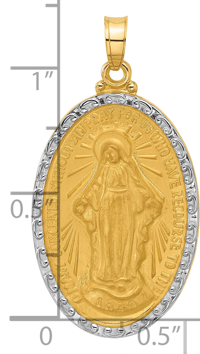 14K with Rhodium Satin and Polished Miraculous Medal Solid Oval Pendant-XR2118