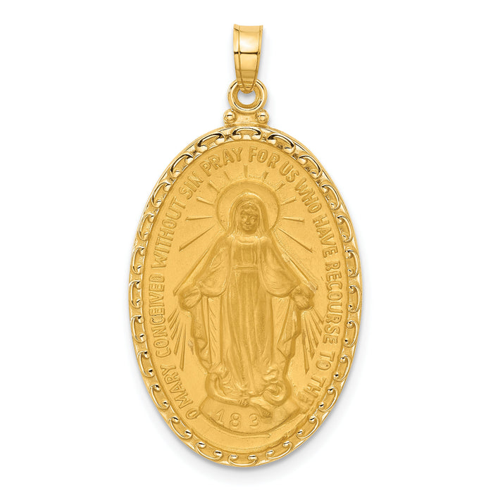 14k Satin and Polished Miraculous Medal Solid Oval Pendant-XR2119