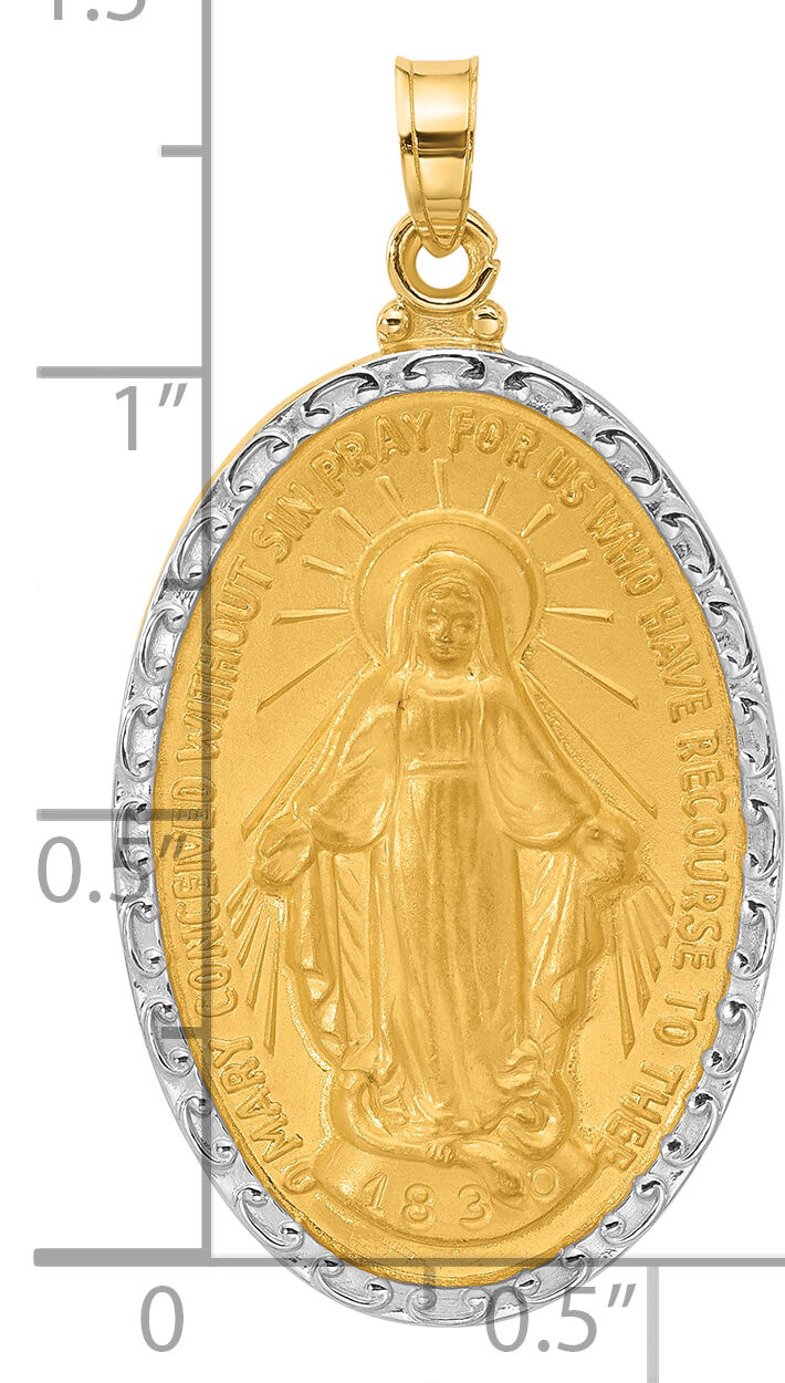 14K with Rhodium Satin and Polished Miraculous Medal Solid Oval Pendant-XR2120