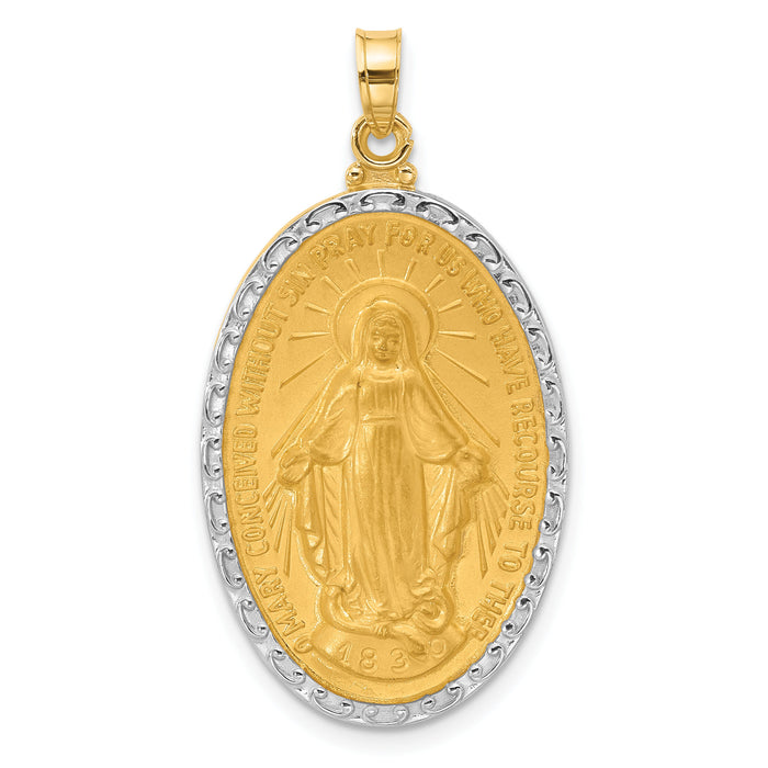 14K with Rhodium Satin and Polished Miraculous Medal Solid Oval Pendant-XR2120