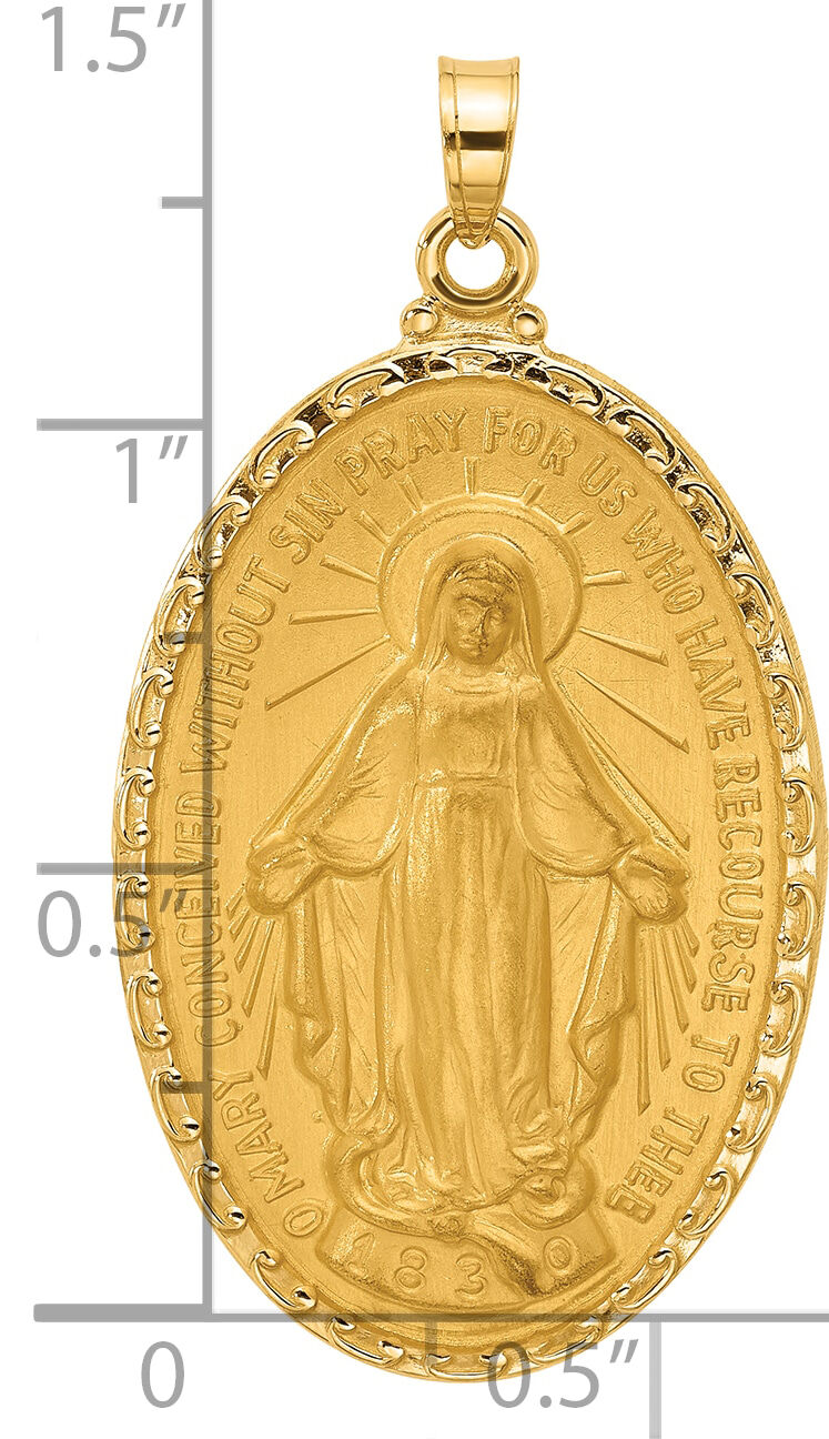 14k Satin and Polished Miraculous Medal Solid Oval Pendant-XR2121