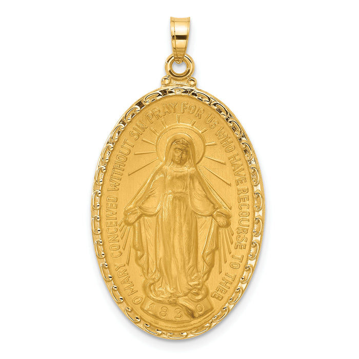 14k Satin and Polished Miraculous Medal Solid Oval Pendant-XR2121