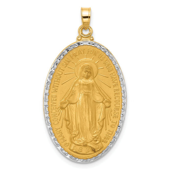 14K with Rhodium Satin and Polished Miraculous Medal Solid Oval Pendant-XR2122