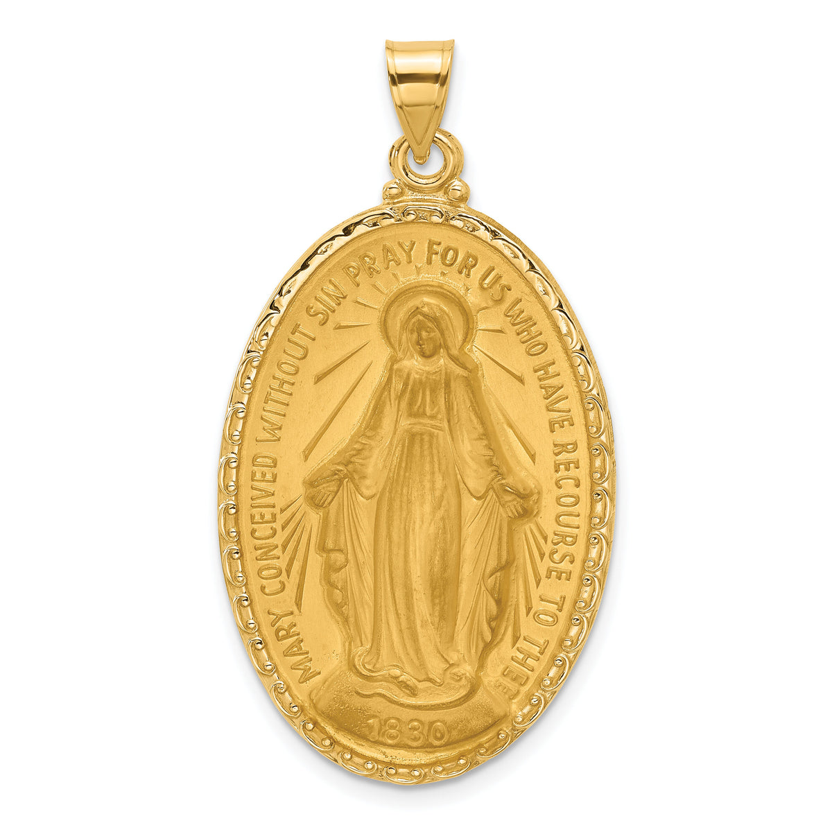 14k Satin and Polished Miraculous Medal Solid Oval Pendant-XR2123