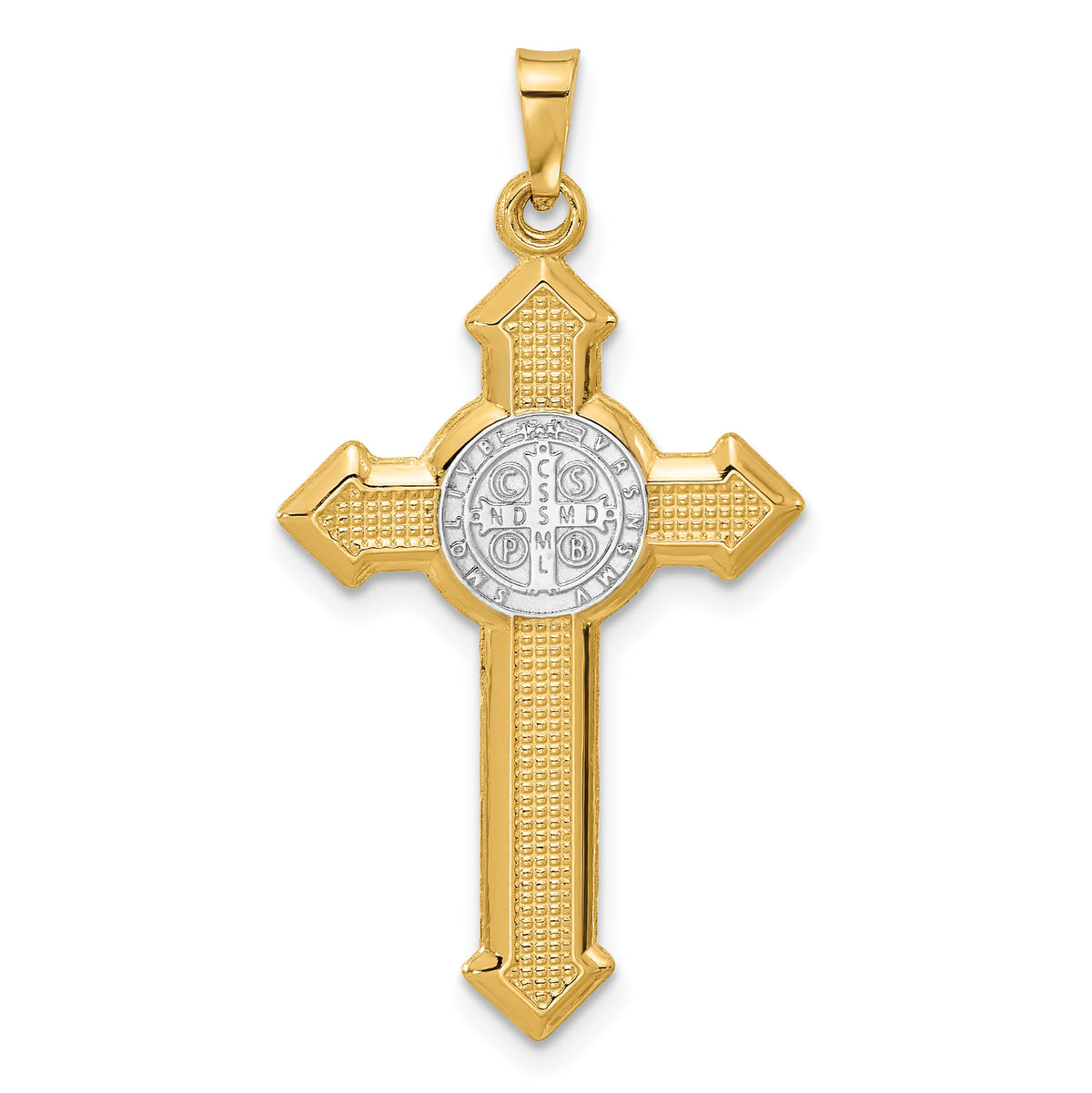14k Two-tone Textured Hollow Budded St Benedict Cross Pendent-XR2135