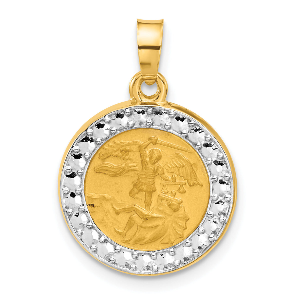 14K with White Rhodium Hollow St. Michael Medal-XR2152