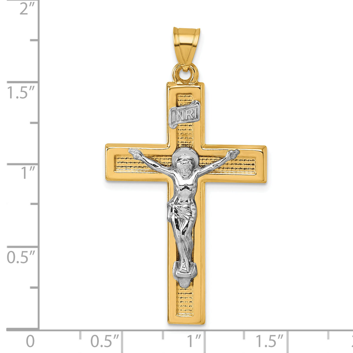 14k with White Rhodium Polished INRI Crucifix Cross Pendant-XR2176