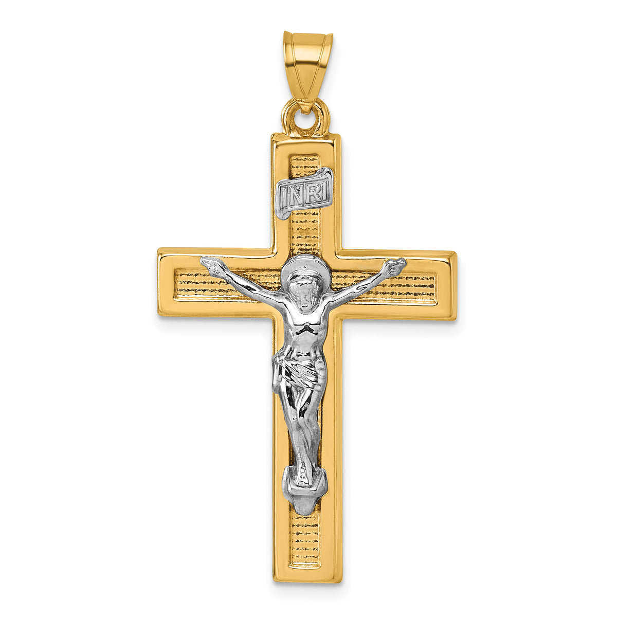 14k with White Rhodium Polished INRI Crucifix Cross Pendant-XR2176