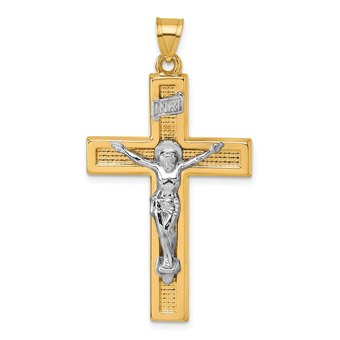 14k with White Rhodium Polished INRI Crucifix Cross Pendant-XR2176