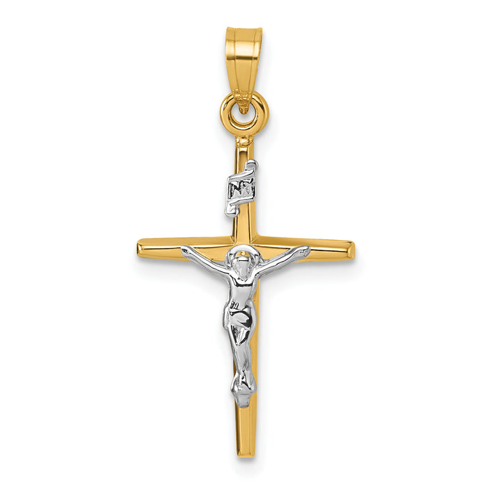 14k with White Rhodium Polished INRI Crucifix Cross Pendant-XR2177