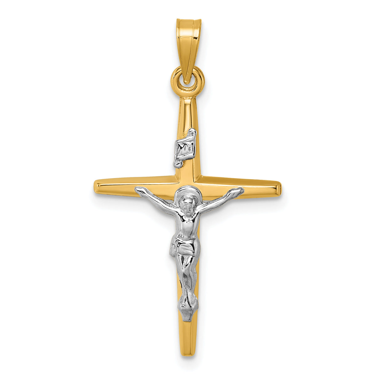 14k with White Rhodium Polished INRI Crucifix Cross Pendant-XR2178