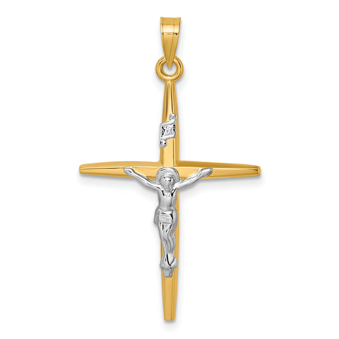14k with White Rhodium Polished INRI Crucifix Cross Pendant-XR2179