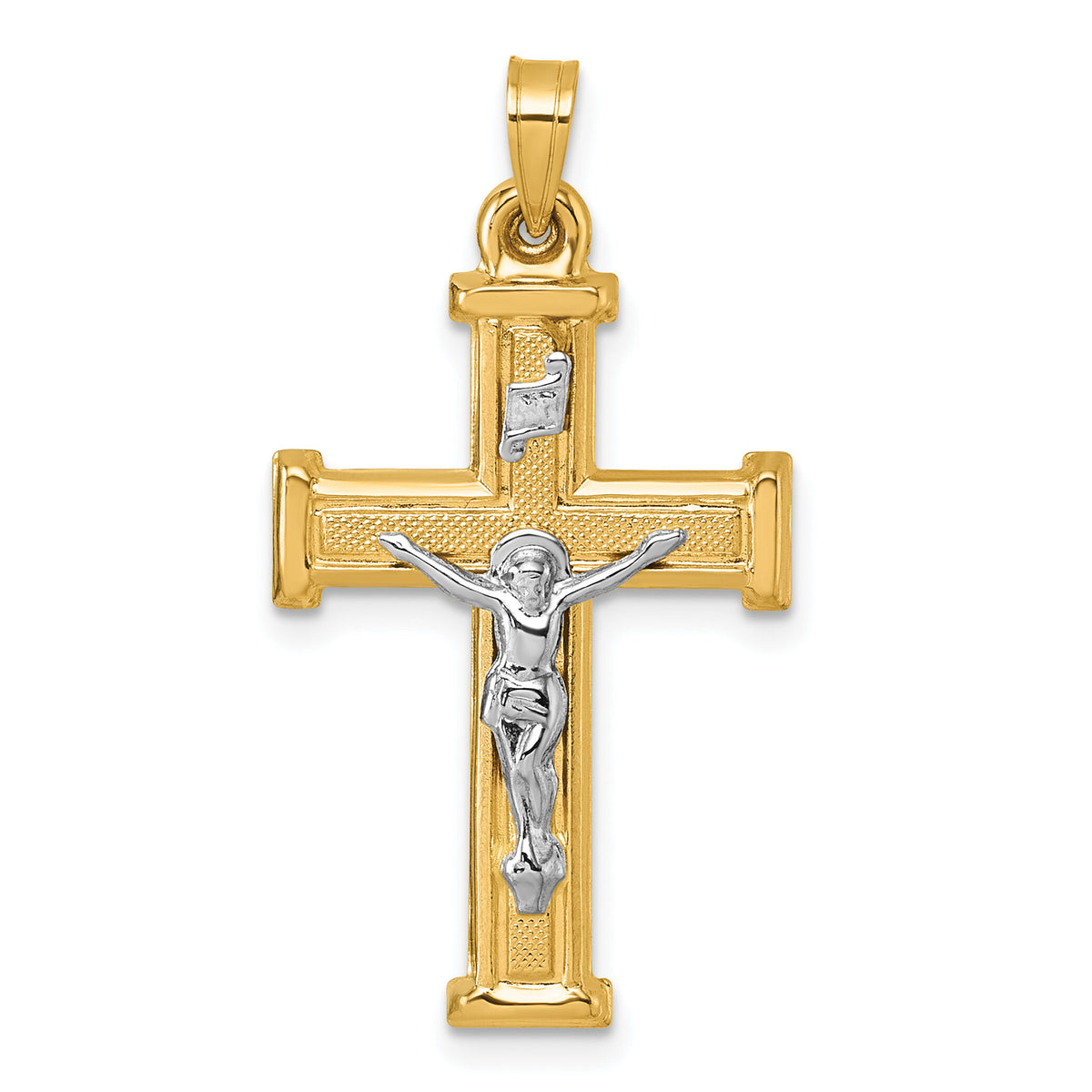 14k with White Rhodium Polished and Textured INRI Crucifix Cross Pendant-XR2181