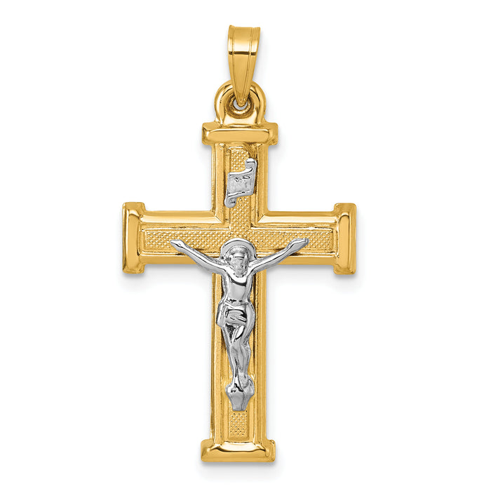 14k with White Rhodium Polished and Textured INRI Crucifix Cross Pendant-XR2181