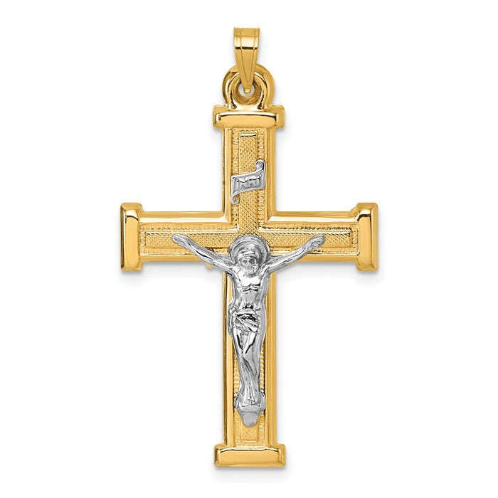 14k with White Rhodium Polished INRI Crucifix Cross Pendant-XR2182