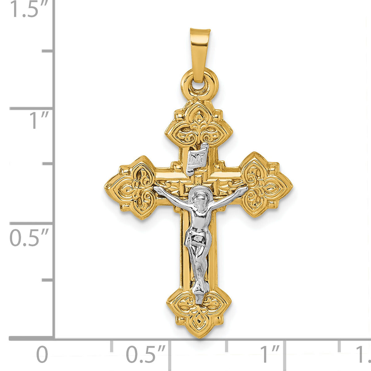 14k with White Rhodium Polished INRI Crucifix Cross Pendant-XR2183