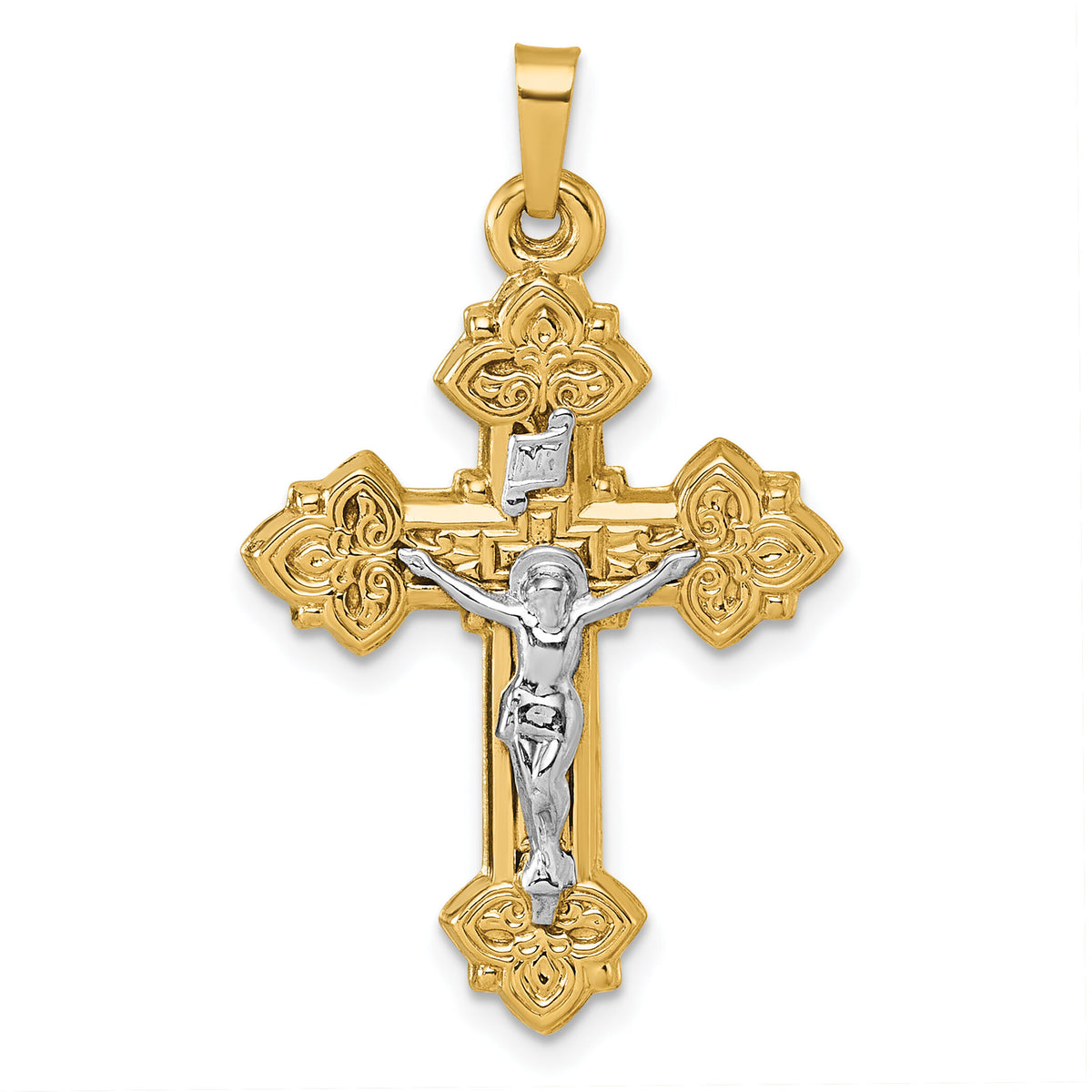 14k with White Rhodium Polished INRI Crucifix Cross Pendant-XR2183